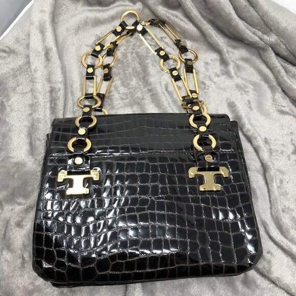 Tory Burch Retired Dark Brown Patent Leather Croc Embossed Gold Hardware Bag - Picture 4 of 12